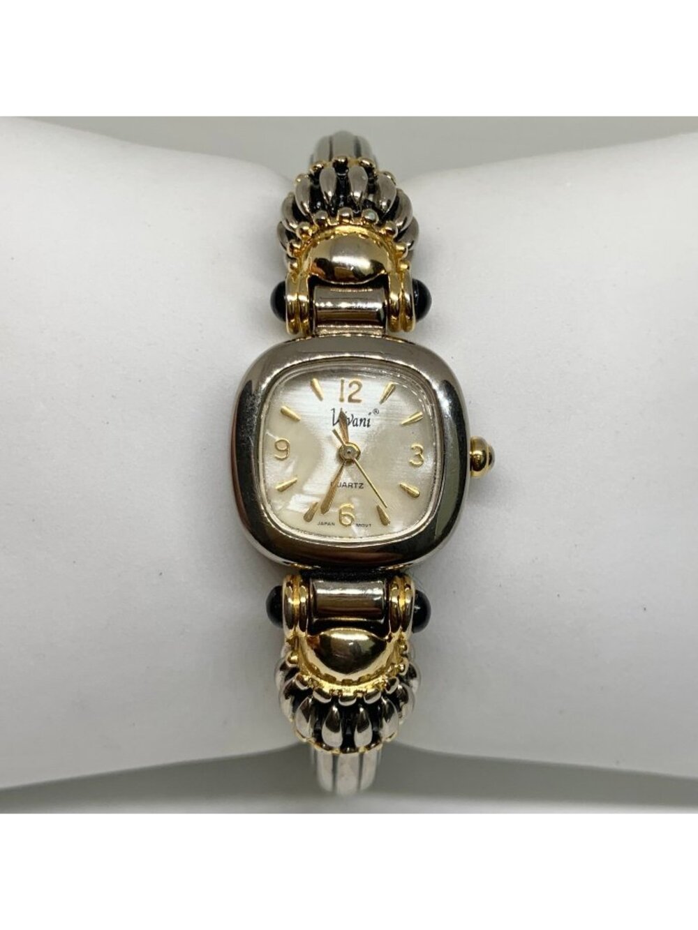 Vivani Silver gold tone women’s bangle cuff bracelet watch 22mm mop dial running